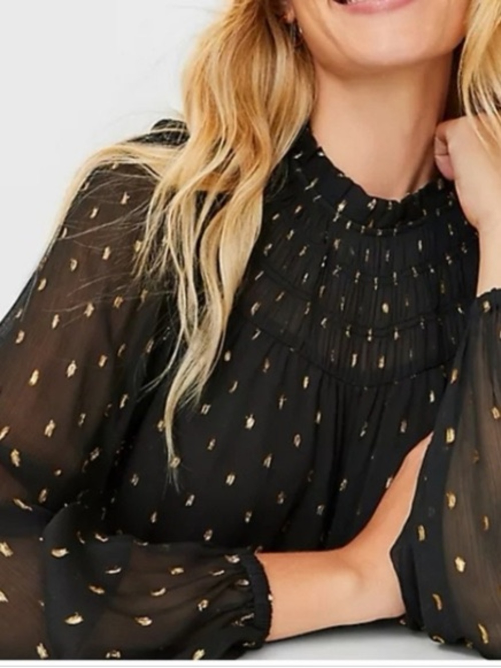 Ann Taylor Black Sheer Blouse with Gold Metallic Dot Detail